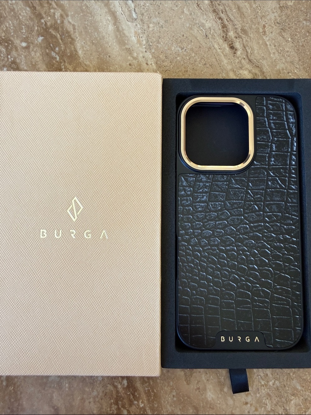 Burga Elite iPhone 16 Pro Black Croc Leather-Style iPhone Case with Gold Trim